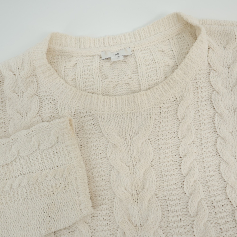 J Jill Petite Cream Cable Knit Pullover Sweater Soft Cozy Textured Womens Flaws